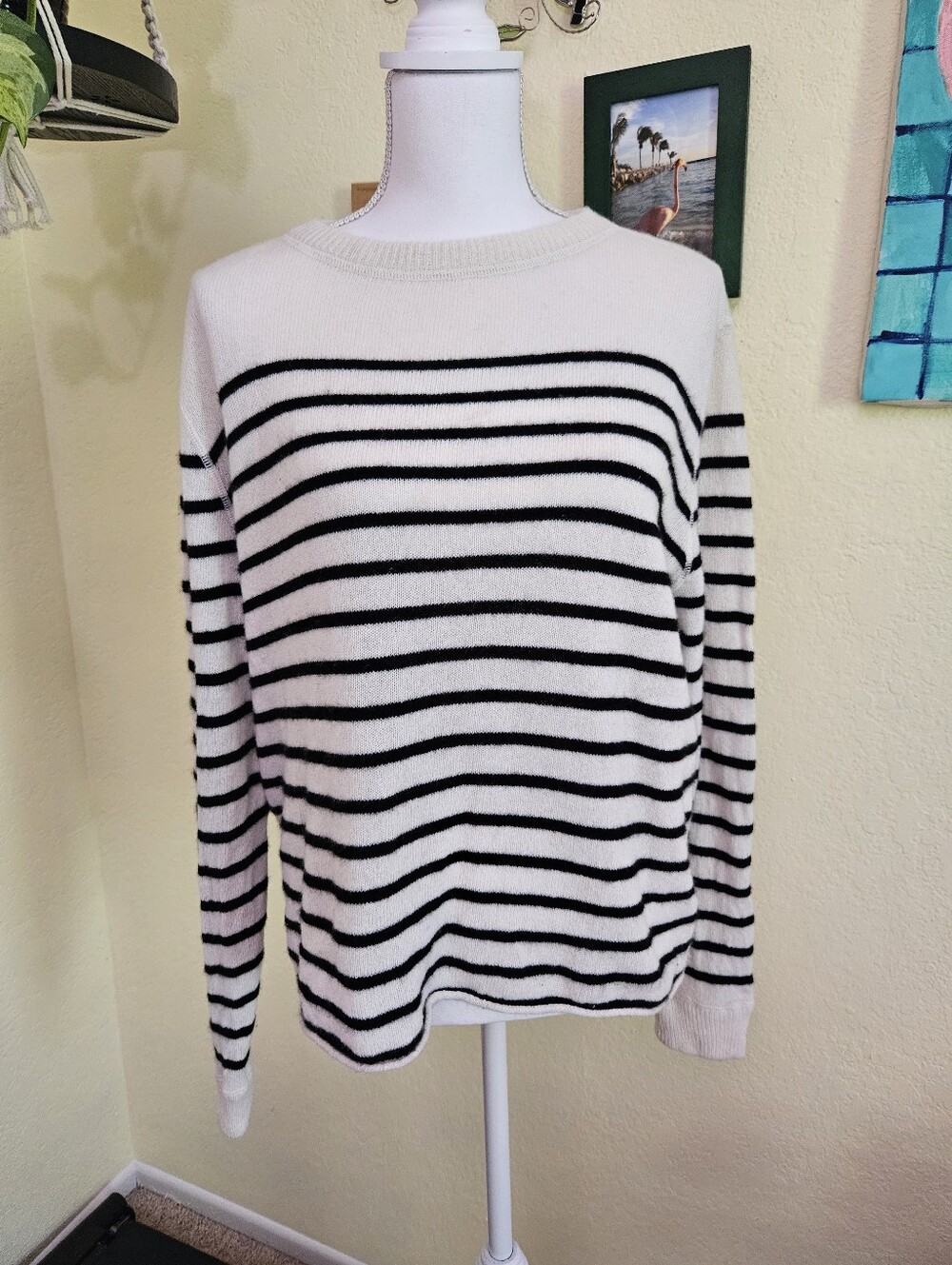 Reformation 100% cashmere, oatmeal and black striped crew neck sweater Sz S